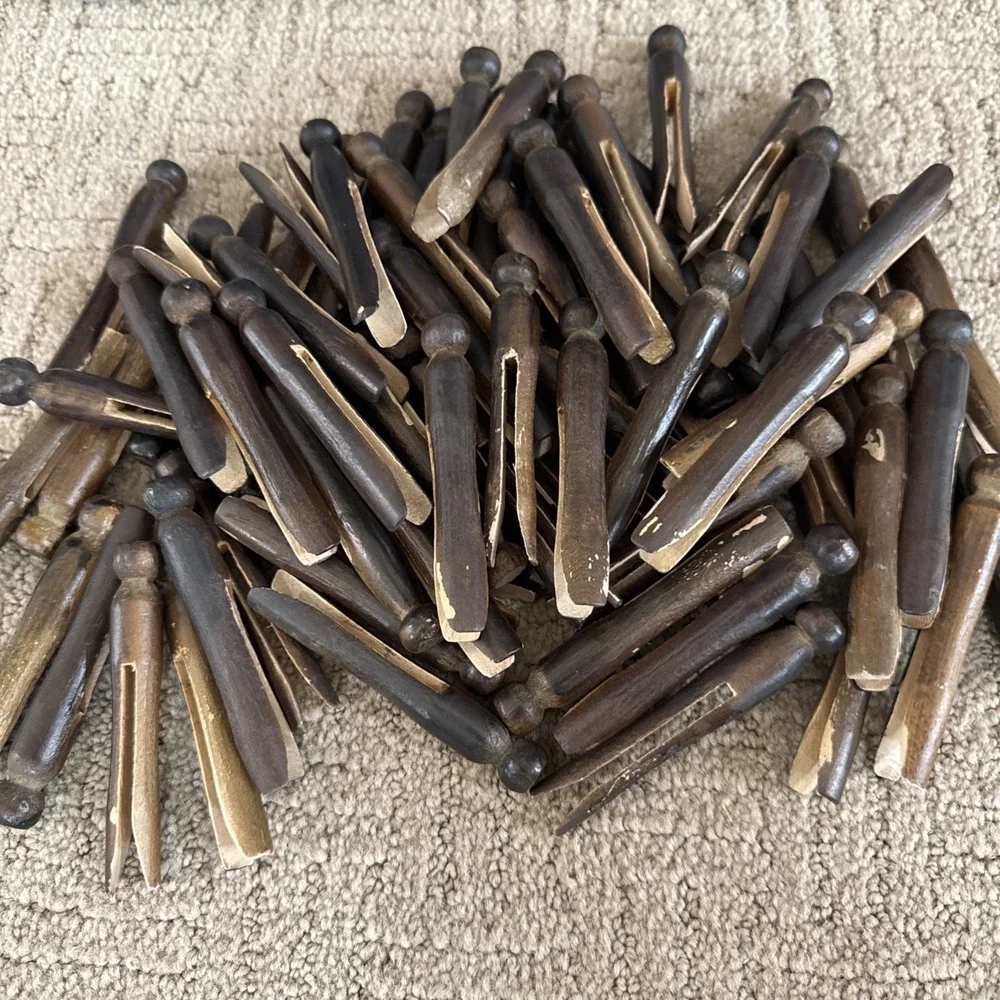 Vintage Wooden Clothes Pegs Pins Round Head Dark Laundry Crafts Decor Large Lot
